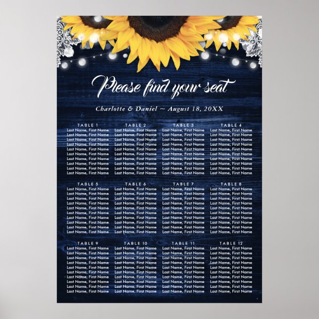 Póster Navy Blue Wood Sunflower Wedding Seating Chart 12 (Frente)