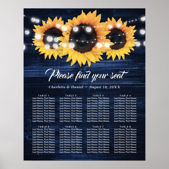 Póster Navy Blue Wood Sunflower Wedding Seating Chart 8 (Frente)