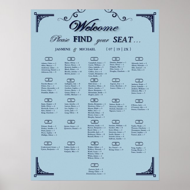 Póster Navy Dusty Blue Alphabetical Wedding Seating Chart (Frente)