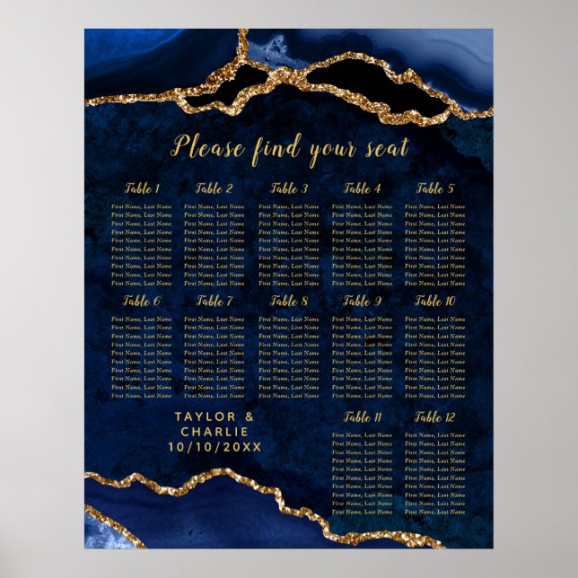 Póster Navy Gold Agate Wedding Seating Chart 12 Table (Frente)