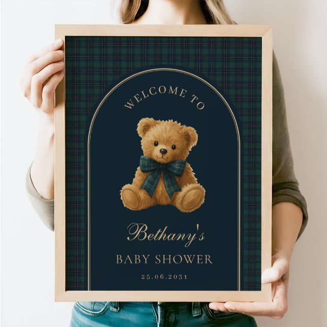 Póster Navy Green Plaid Teddy Bear Baby Shower Welcome (Subido por el creador)