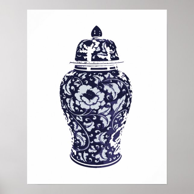 Póster Navy Indigo Bonito Azul Floral Ginger Jar Vase (Frente)