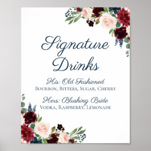 Póster Navy Marsala Floral Signature Bebe cóctel Rótulo
