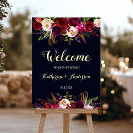 Póster Navy Marsala Rustic Boho Floral Welcome Boda