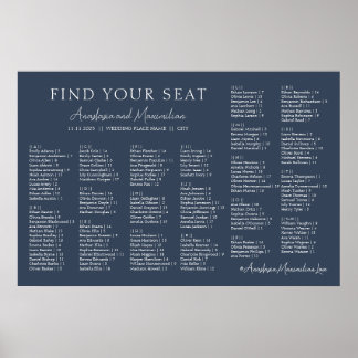 Póster Navy Modern Wedding Alphabetical Seating Chart