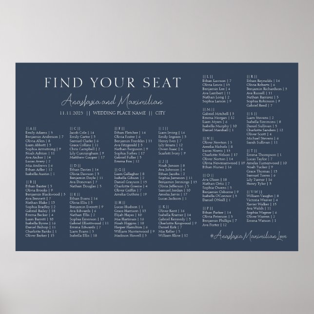 Póster Navy Modern Wedding Alphabetical Seating Chart (Frente)