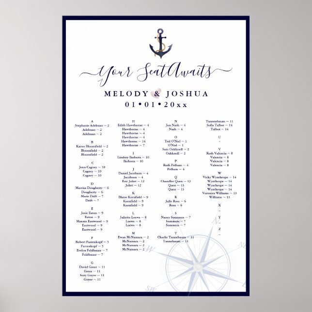 PÓSTER NAVY NAUTICAL SEATING CHART, ALFABÉTICO (Frente)