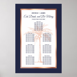 Póster Navy Rose Gold Tropical Palm Wedding Seating Chart