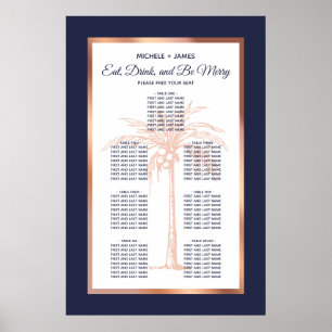 Póster Navy Rose Gold Tropical Palm Wedding Seating Chart