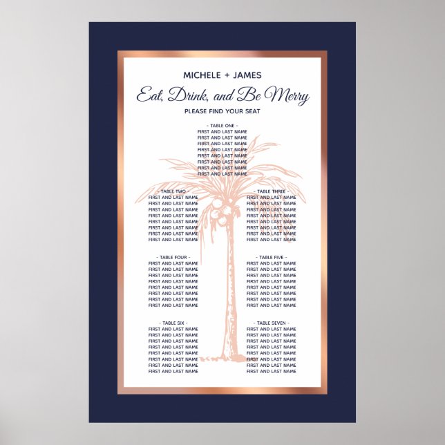 Póster Navy Rose Gold Tropical Palm Wedding Seating Chart (Frente)
