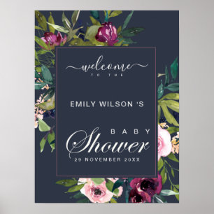 PÓSTER NAVY RUBOR BURGUNDY FLORAL BABY SHOWER BIENVENIDO