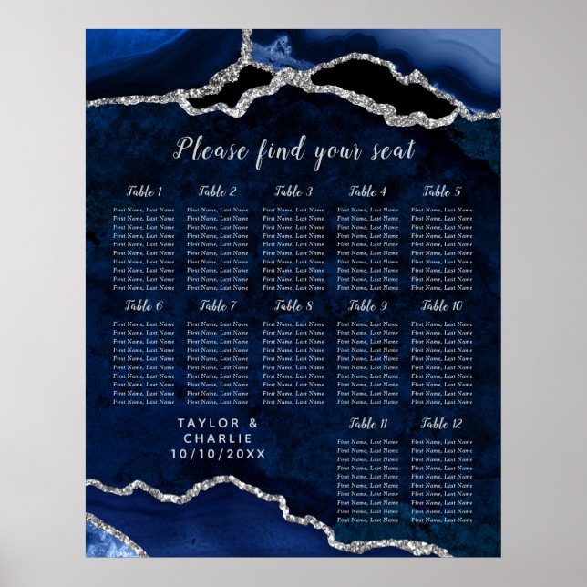 Póster Navy Silver Agate Wedding Seating Chart 12 Table (Frente)