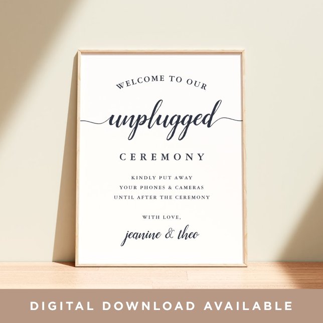 Póster Navy & White Calligraphy Unplugged Wedding Sign (Subido por el creador)