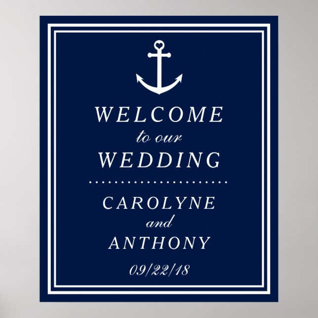 Póster Navy & White Nautical Anchor Wedding Welcome Sign (Frente)