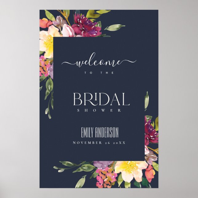 PÓSTER NAVY YELLOW RUBOR BURGUNDY FLORAL BRIDAL SHOWER (Frente)
