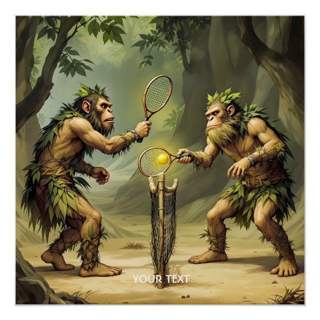 Póster Neandertales fantásticos y lindos jugando tenis (Anverso)