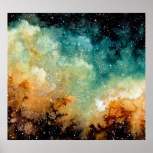 Póster Nebulosa amarillo brillante, cielo oscuro acuarela