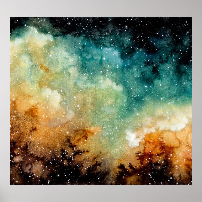 Póster Nebulosa amarillo brillante, cielo oscuro acuarela (Frente)