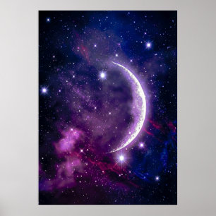 Póster Nebulosa Mística Púrpura Creciente Lunar Cósmica