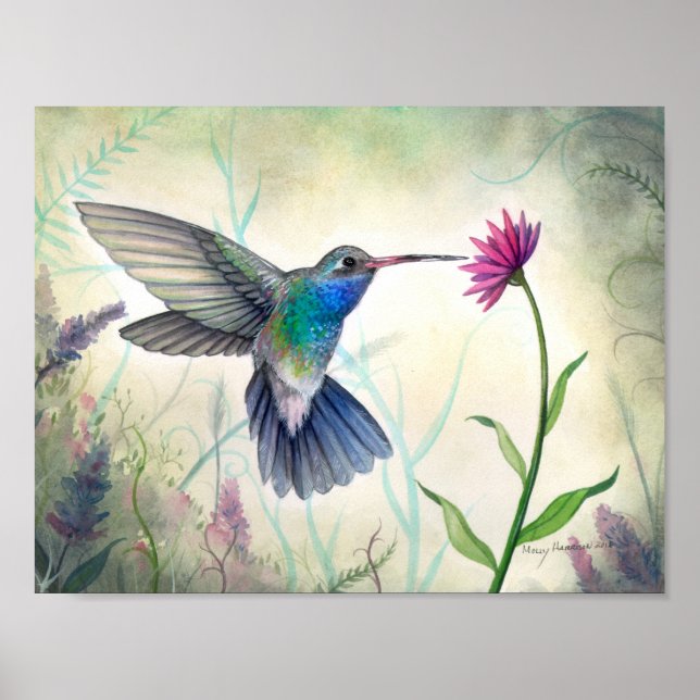 Póster Néctar dulce colibrí y acuarela de flores (Frente)