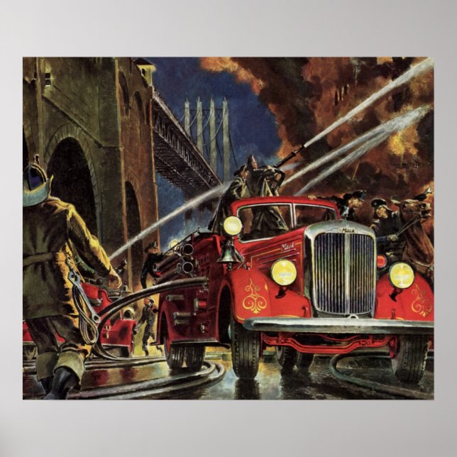 Póster Negocio Antiguo, Bomberos Camiones de Bomberos (Frente)