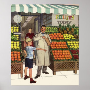 Póster Negocio Antiguo, Frutería con Tendero y Niño