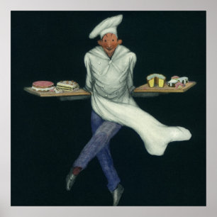 Póster Negocio de Comida Antigua, Panadero con Postres de