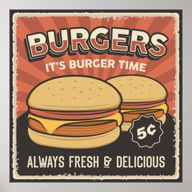 Póster negocio de hamburguesas retro vintage (Frente)