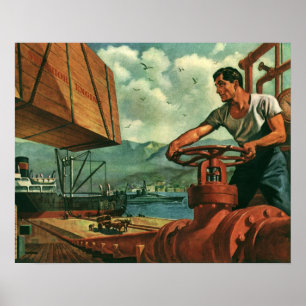Póster Negocio vintage, barco petrolero con trabajador po
