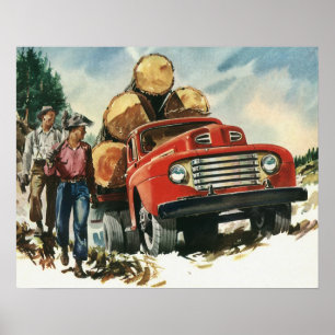 Póster Negocio vintage, Camión de registro con Lumberjack