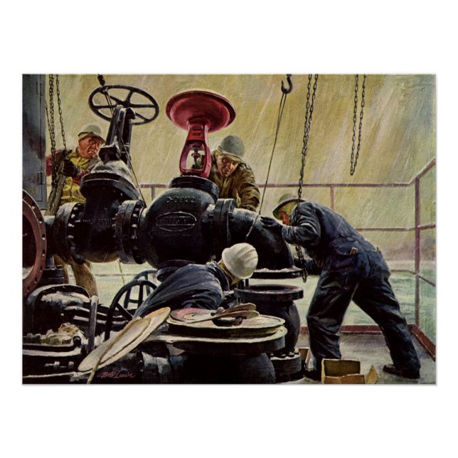 Póster Negocio vintage, plataforma petrolera en el océano (Anverso)