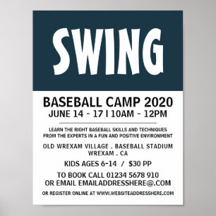 Póster Negrita moderna, anuncio de campamento de béisbol