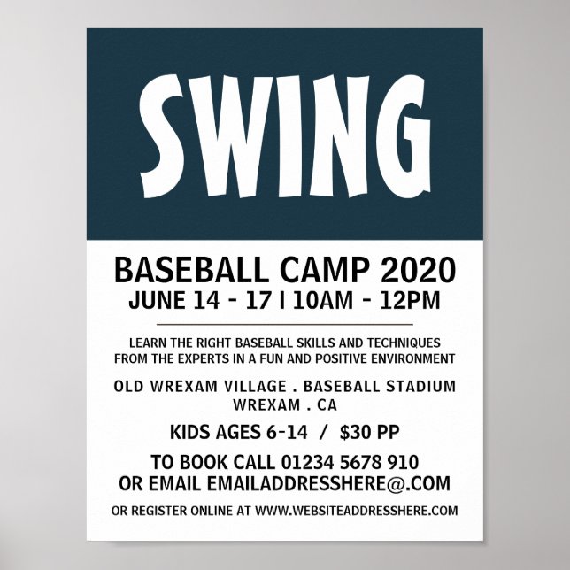 Póster Negrita moderna, anuncio de campamento de béisbol (Frente)