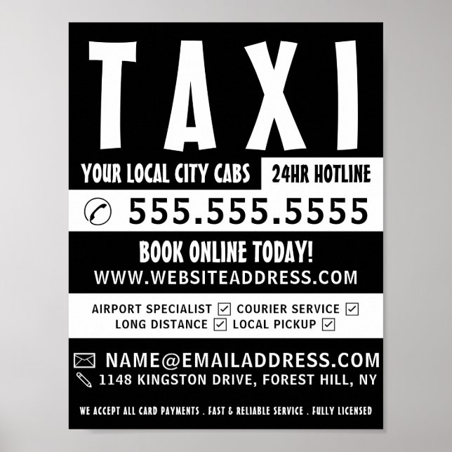 Póster Negrita moderna, publicidad de empresa de taxi (Frente)