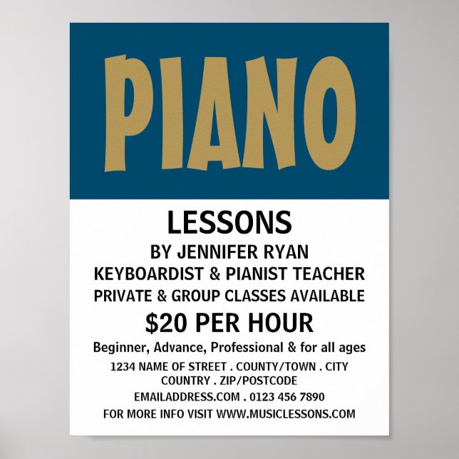 Póster Negrita moderna, teclado, lecciones de piano (Frente)