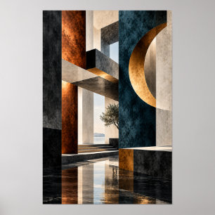 Póster Negro Azul Dorado Geometría Arquitectónica Abstrac