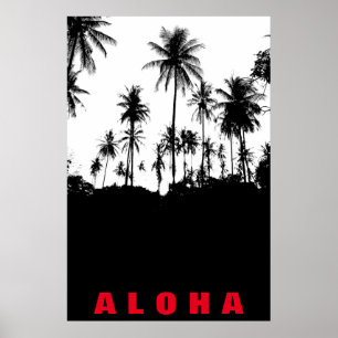 Póster Negro Blanco Aloha Hawái Palmeras Trópicos Viaje