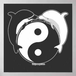 Póster Negro/blanco de los delfínes de Yin Yang