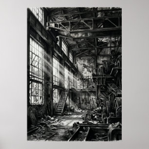 Póster Negro Blanco Fábrica Industrial Abandonada Urbano 