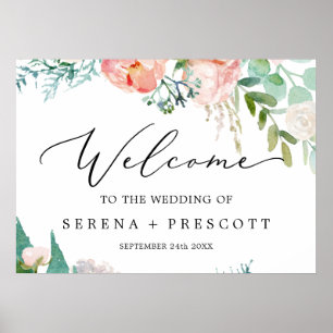 Póster Negro Delicado Bienvenida a Boda Romántico Peony