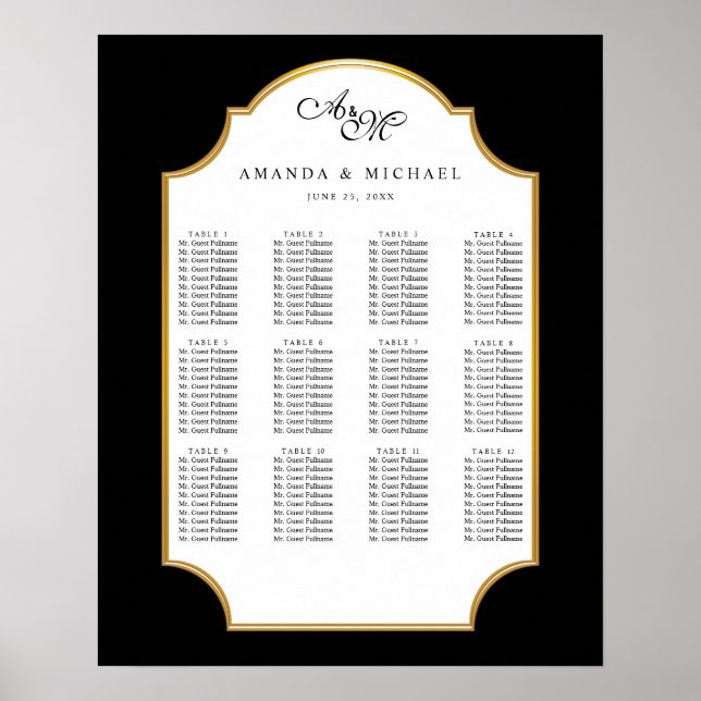 Póster Negro elegante | Tabla de asientos de Bodas de oro (Frente)