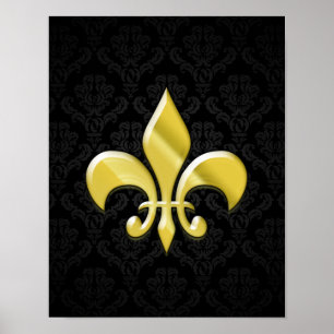 Póster Negro/flor de lis del damasco del oro