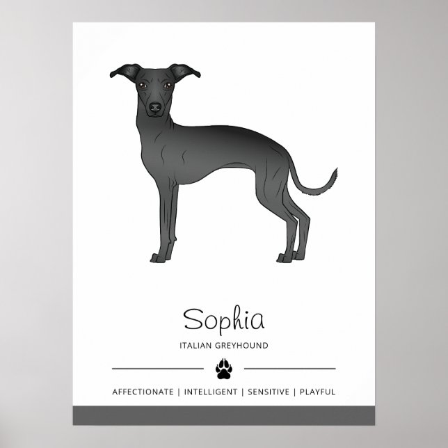 Póster Negro Italiano Greyhound Cute Perro con texto Pers (Frente)