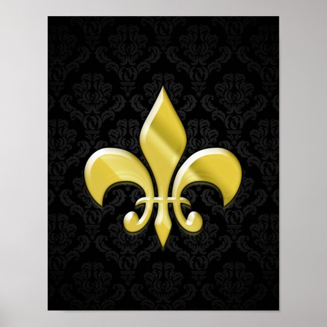 Póster Negro/Oro Damask Fleur de Lis (Frente)