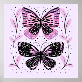 Póster Negro, rosa, mariposas púrpura