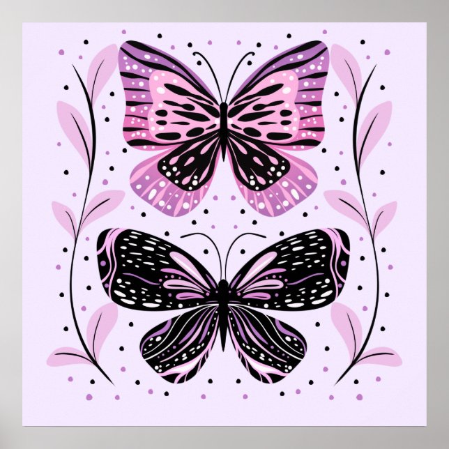 Póster Negro, rosa, mariposas púrpura (Frente)