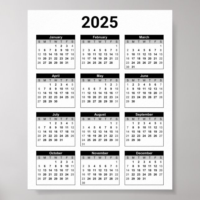Póster Negro y blanco 2025 año a un calendario de resumen (Frente)