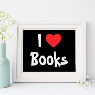 Póster Negro y Blanco Me Encantan Libros Corazón Rojo