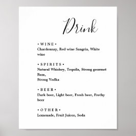 Póster Negro y blanco. Menú de bar de boda minimalista el