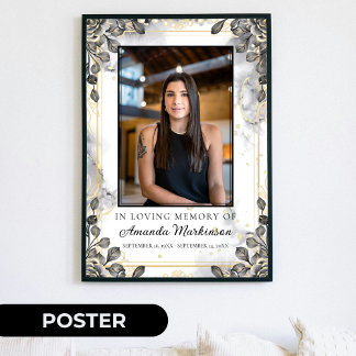 Póster Negro y Dorado Floral Mármol Funeral en Memoria Am